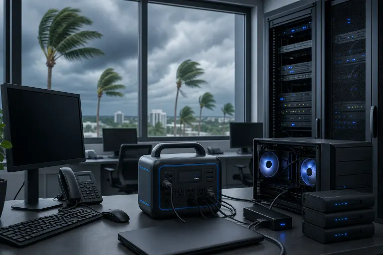 Office desk with portable power station, PC, server rack, and external drives; storm-battered palm trees visible through window. Office desk with portable power station, PC, server rack, and external drives; storm-battered palm trees visible through window.