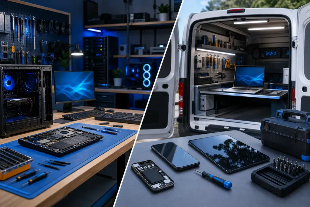 Split image: left shows a professional PC repair workshop; right shows a mobile repair van with tools and devices. Split image: left shows a professional PC repair workshop; right shows a mobile repair van with tools and devices.