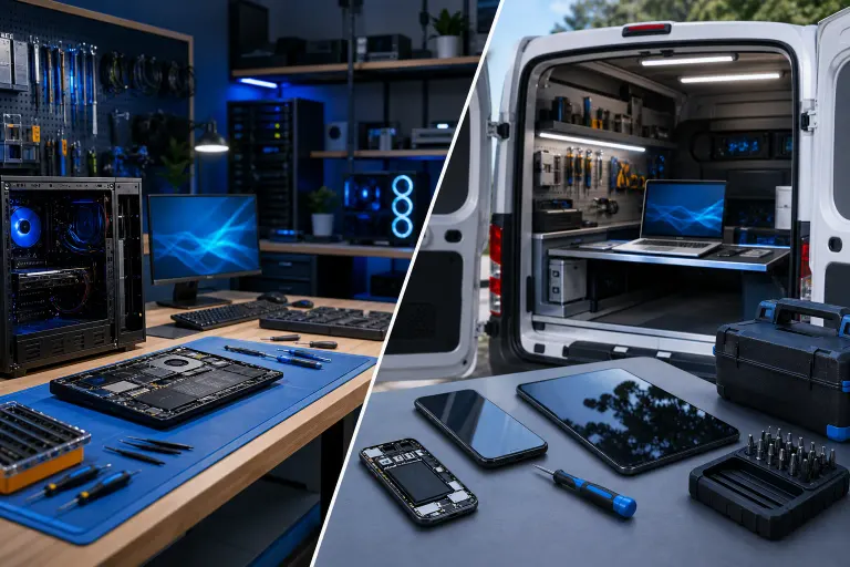 Split image: left shows a professional PC repair workshop; right shows a mobile repair van with tools and devices. Split image: left shows a professional PC repair workshop; right shows a mobile repair van with tools and devices.