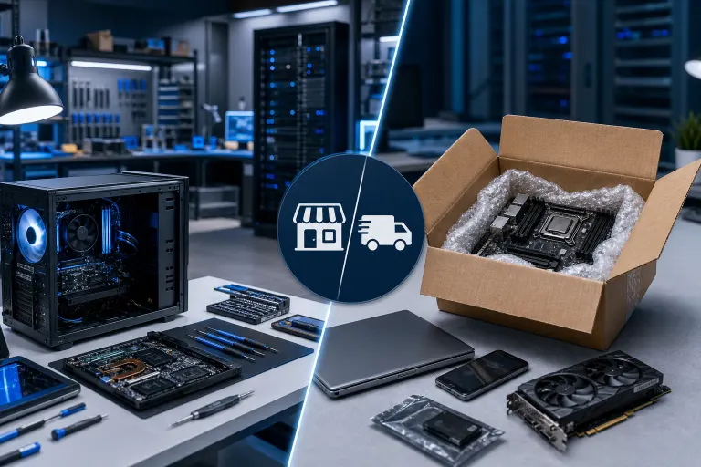 Split image: left shows PC repair workbench with tools and open tower; right shows motherboard shipped in cardboard box with bubble wrap. Split image: left shows PC repair workbench with tools and open tower; right shows motherboard shipped in cardboard box with bubble wrap.