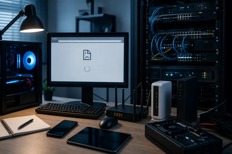 Desktop monitor showing a failed webpage icon beside router and network server equipment. Desktop monitor showing a failed webpage icon beside router and network server equipment.