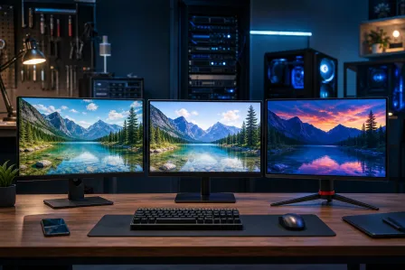 Three monitors on a wooden desk displaying mountain lake wallpapers at different color temperatures, with PC tower and server rack behind