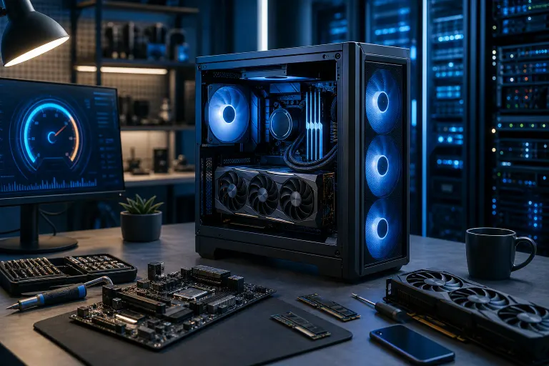 Open-side gaming PC tower with blue RGB fans, liquid cooling, and GPU on a workbench with motherboard and tools Open-side gaming PC tower with blue RGB fans, liquid cooling, and GPU on a workbench with motherboard and tools
