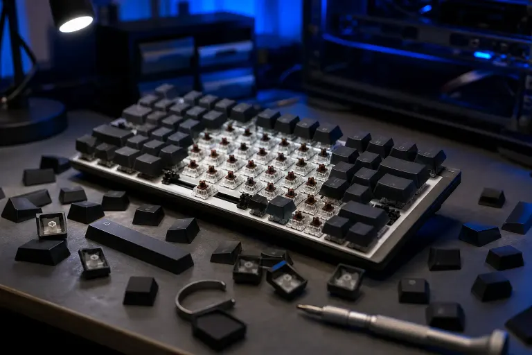 Mechanical keyboard mid-disassembly with keycaps removed, exposing brown switches, scattered keycaps and a keycap puller on desk. Mechanical keyboard mid-disassembly with keycaps removed, exposing brown switches, scattered keycaps and a keycap puller on desk.