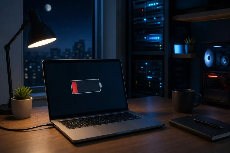 Laptop on night desk showing low battery icon on dark screen, with lamp, mug, notebook, and city view behind. Laptop on night desk showing low battery icon on dark screen, with lamp, mug, notebook, and city view behind.