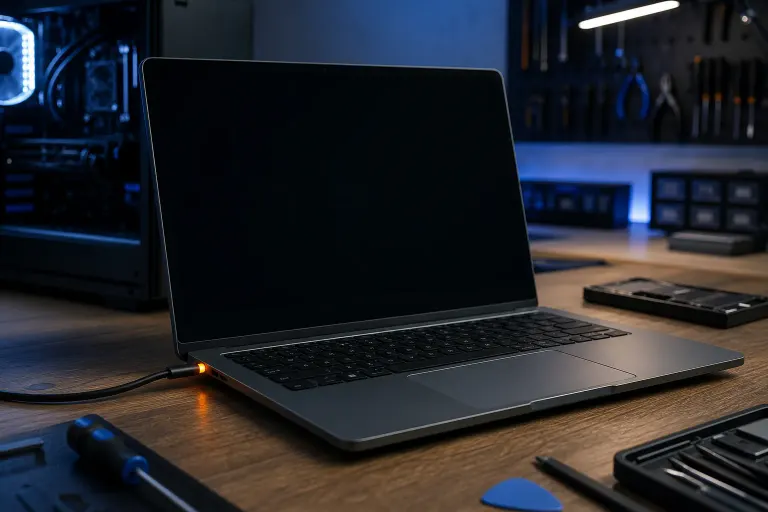A plugged-in laptop with a dark, unresponsive screen and an illuminated orange charging light on a workbench. A plugged-in laptop with a dark, unresponsive screen and an illuminated orange charging light on a workbench.