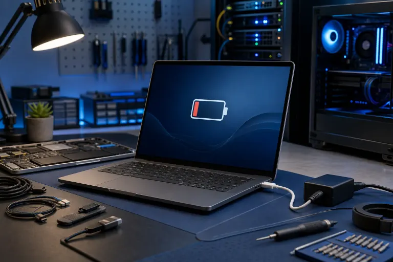 Laptop displaying a low battery icon plugged into a charger on a tech workbench surrounded by tools and components. Laptop displaying a low battery icon plugged into a charger on a tech workbench surrounded by tools and components.