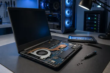 Disassembled laptop with exposed motherboard, cooling fan, and copper heat pipes on a desk with screwdriver and screws nearby. Disassembled laptop with exposed motherboard, cooling fan, and copper heat pipes on a desk with screwdriver and screws nearby.