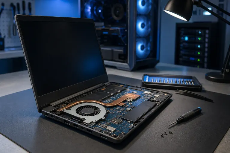 Disassembled laptop with exposed motherboard, cooling fan, and copper heat pipes on a desk with screwdriver and screws nearby. Disassembled laptop with exposed motherboard, cooling fan, and copper heat pipes on a desk with screwdriver and screws nearby.