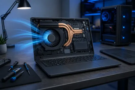 Laptop on desk showing internal cooling fan and copper heat pipes with blue airflow visualization; screwdrivers nearby, PC tower in background. Laptop on desk showing internal cooling fan and copper heat pipes with blue airflow visualization; screwdrivers nearby, PC tower in background.