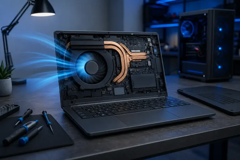 Laptop on desk showing internal cooling fan and copper heat pipes with blue airflow visualization; screwdrivers nearby, PC tower in background. Laptop on desk showing internal cooling fan and copper heat pipes with blue airflow visualization; screwdrivers nearby, PC tower in background.