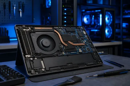 Disassembled laptop showing internal cooling fan, copper heat pipes, and motherboard in a blue-lit tech workspace Disassembled laptop showing internal cooling fan, copper heat pipes, and motherboard in a blue-lit tech workspace