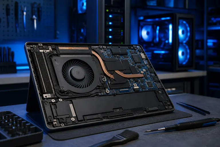 Disassembled laptop showing internal cooling fan, copper heat pipes, and motherboard in a blue-lit tech workspace Disassembled laptop showing internal cooling fan, copper heat pipes, and motherboard in a blue-lit tech workspace