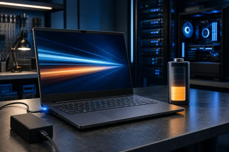 Laptop with speed-streak wallpaper plugged into charger on dark desk, beside a glowing low-battery icon, tech lab background Laptop with speed-streak wallpaper plugged into charger on dark desk, beside a glowing low-battery icon, tech lab background