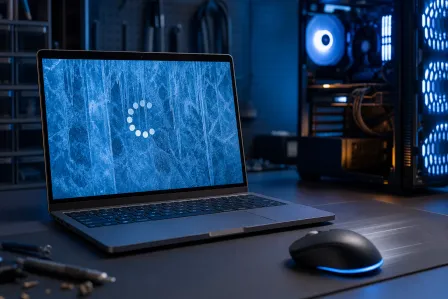 Laptop with frozen icy screen showing loading spinner, beside a glowing mouse and gaming PC tower in dark blue lighting. Laptop with frozen icy screen showing loading spinner, beside a glowing mouse and gaming PC tower in dark blue lighting.
