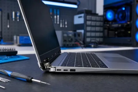 Laptop with visibly broken hinge on a repair workbench, surrounded by screwdrivers and tools, blue-lit tech lab background. Laptop with visibly broken hinge on a repair workbench, surrounded by screwdrivers and tools, blue-lit tech lab background.