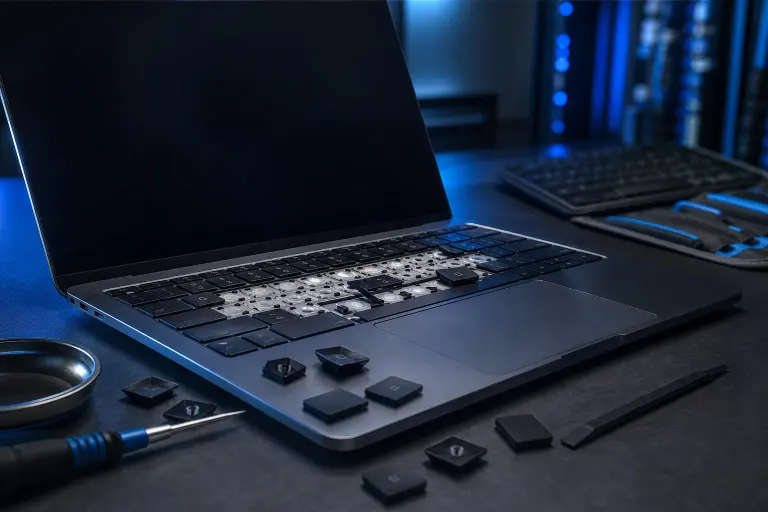 Laptop with keycaps removed showing keyboard mechanism, loose keys and repair tools on dark desk with blue lighting. Laptop with keycaps removed showing keyboard mechanism, loose keys and repair tools on dark desk with blue lighting.