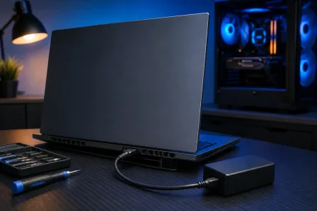 Black laptop connected to a power adapter on a dark desk, with screwdrivers and a glowing RGB PC tower in background. Black laptop connected to a power adapter on a dark desk, with screwdrivers and a glowing RGB PC tower in background.