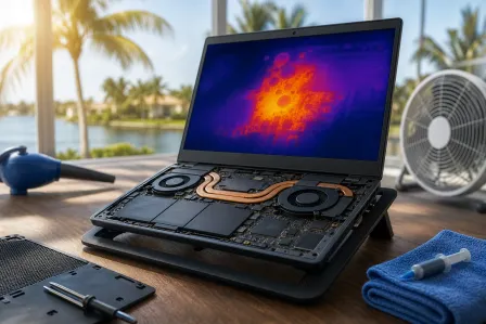Open laptop showing thermal heat map on screen, exposed internals with copper heatpipes, fans, cooling stand, Florida palm backdrop Open laptop showing thermal heat map on screen, exposed internals with copper heatpipes, fans, cooling stand, Florida palm backdrop