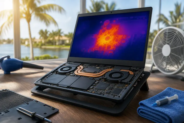 Open laptop showing thermal heat map on screen, exposed internals with copper heatpipes, fans, cooling stand, Florida palm backdrop Open laptop showing thermal heat map on screen, exposed internals with copper heatpipes, fans, cooling stand, Florida palm backdrop