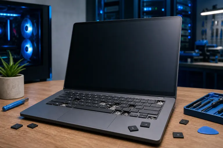 Laptop with missing and loose keycaps on wooden desk, screwdrivers and pry tool nearby, blue-lit PC tower in background Laptop with missing and loose keycaps on wooden desk, screwdrivers and pry tool nearby, blue-lit PC tower in background