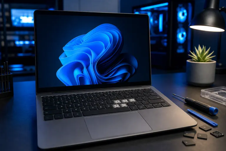 Laptop with Windows 11 wallpaper on dark desk, several keys removed from keyboard, screwdrivers and parts nearby Laptop with Windows 11 wallpaper on dark desk, several keys removed from keyboard, screwdrivers and parts nearby