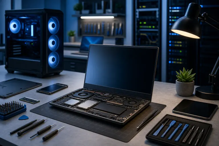 Open laptop with exposed internals on a repair mat, surrounded by screwdrivers, RAM, and tools; RGB PC tower in background. Open laptop with exposed internals on a repair mat, surrounded by screwdrivers, RAM, and tools; RGB PC tower in background.