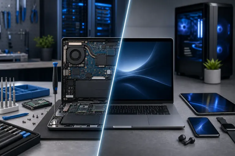 Split image: open laptop showing internals with repair tools on left; sleek working laptop with devices on right. Split image: open laptop showing internals with repair tools on left; sleek working laptop with devices on right.