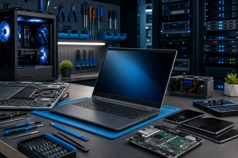 Tech workbench with open laptop, disassembled components, screwdrivers, circuit boards, and a glowing PC tower in background. Tech workbench with open laptop, disassembled components, screwdrivers, circuit boards, and a glowing PC tower in background.