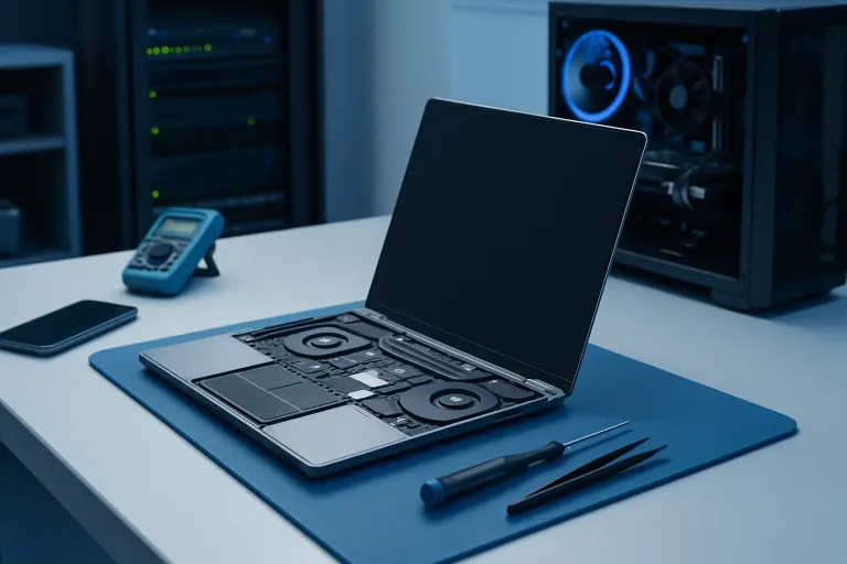 Open laptop with exposed internals on a blue mat beside screwdrivers, with a PC tower and multimeter in background. Open laptop with exposed internals on a blue mat beside screwdrivers, with a PC tower and multimeter in background.
