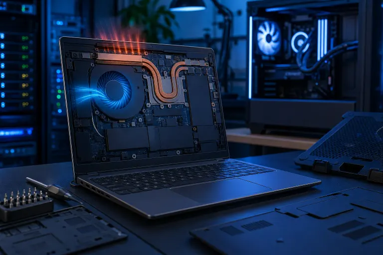 Cutaway laptop showing copper heat pipes, cooling fan with blue glow, and red heat escaping top, on a tech workbench Cutaway laptop showing copper heat pipes, cooling fan with blue glow, and red heat escaping top, on a tech workbench