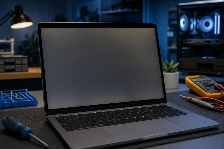 Open MacBook with a dark blank screen on a repair workbench surrounded by screwdrivers, a multimeter, and a glowing PC tower Open MacBook with a dark blank screen on a repair workbench surrounded by screwdrivers, a multimeter, and a glowing PC tower