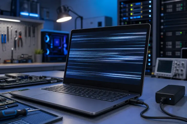 Laptop with horizontal screen flickering artifacts on a tech workbench, surrounded by components, tools, and server racks. Laptop with horizontal screen flickering artifacts on a tech workbench, surrounded by components, tools, and server racks.