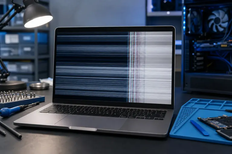 MacBook laptop with horizontal and vertical screen glitch lines on a repair workbench surrounded by tools and components. MacBook laptop with horizontal and vertical screen glitch lines on a repair workbench surrounded by tools and components.