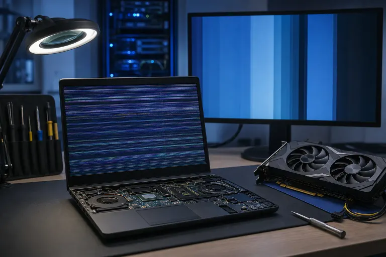 Open disassembled laptop with glitchy striped screen, discrete GPU card, monitor, tools, and magnifying lamp on a repair desk. Open disassembled laptop with glitchy striped screen, discrete GPU card, monitor, tools, and magnifying lamp on a repair desk.