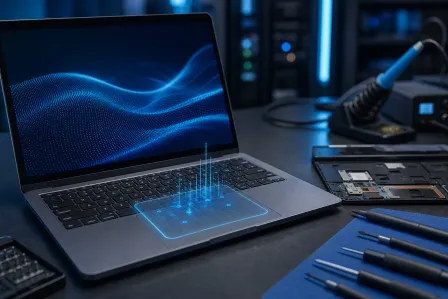 Laptop with glowing blue holographic touchpad grid on repair workbench, surrounded by screwdrivers, motherboard, and soldering iron. Laptop with glowing blue holographic touchpad grid on repair workbench, surrounded by screwdrivers, motherboard, and soldering iron.