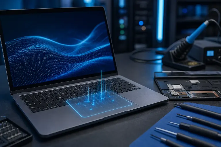 Laptop with glowing blue holographic touchpad grid on repair workbench, surrounded by screwdrivers, motherboard, and soldering iron. Laptop with glowing blue holographic touchpad grid on repair workbench, surrounded by screwdrivers, motherboard, and soldering iron.