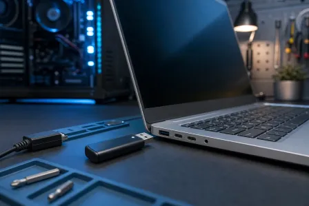 USB flash drive near laptop USB port on dark desk, with open PC tower and screwdrivers in background USB flash drive near laptop USB port on dark desk, with open PC tower and screwdrivers in background
