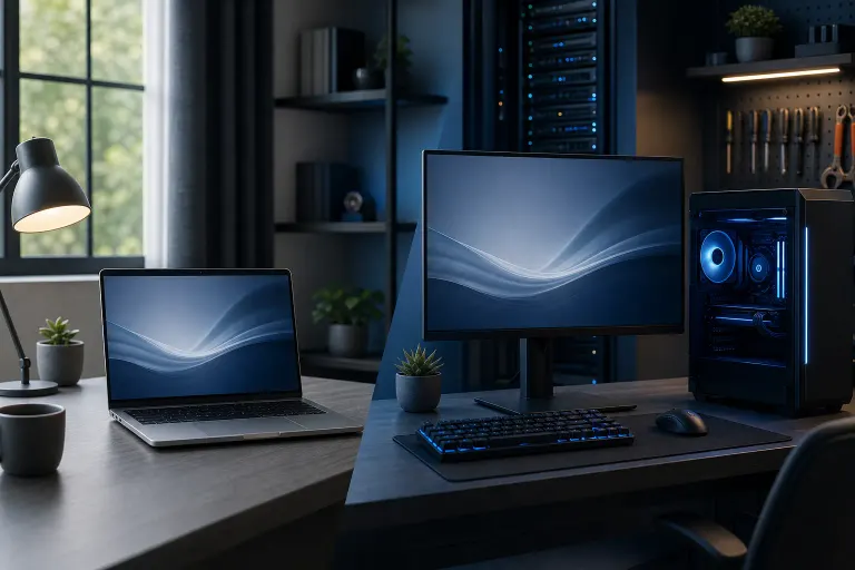 A dark home office desk with a laptop, desktop PC with glowing blue case, monitor, keyboard, mouse, lamp, and small plants. A dark home office desk with a laptop, desktop PC with glowing blue case, monitor, keyboard, mouse, lamp, and small plants.