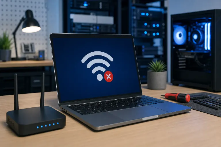 Laptop displaying a Wi-Fi error icon beside a wireless router and troubleshooting tools. Laptop displaying a Wi-Fi error icon beside a wireless router and troubleshooting tools.