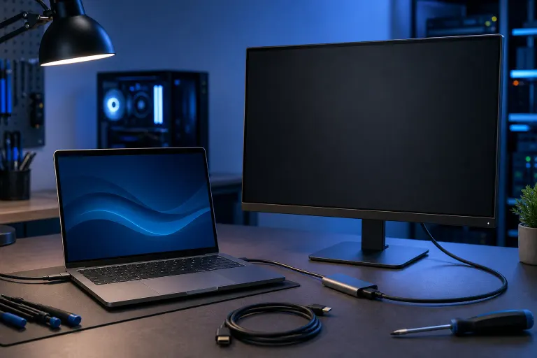 Laptop with a working screen beside a blank external monitor, cables, adapter, and tools on a desk. Laptop with a working screen beside a blank external monitor, cables, adapter, and tools on a desk.