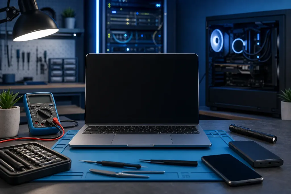 A laptop with black screen on a blue repair mat surrounded by multimeter, screwdrivers, tweezers, and a smartphone in a tech workshop. A laptop with black screen on a blue repair mat surrounded by multimeter, screwdrivers, tweezers, and a smartphone in a tech workshop.