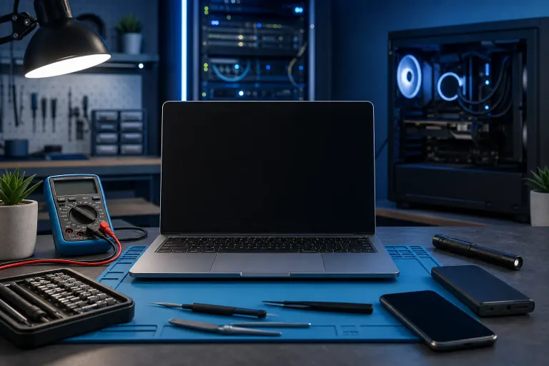 A laptop with black screen on a blue repair mat surrounded by multimeter, screwdrivers, tweezers, and a smartphone in a tech workshop. A laptop with black screen on a blue repair mat surrounded by multimeter, screwdrivers, tweezers, and a smartphone in a tech workshop.