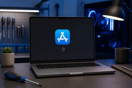 MacBook on a tech workbench displaying the Apple App Store icon with a loading spinner, tools and PC in background