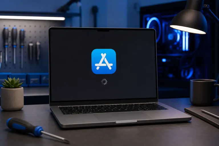 MacBook on a tech workbench displaying the Apple App Store icon with a loading spinner, tools and PC in background MacBook on a tech workbench displaying the Apple App Store icon with a loading spinner, tools and PC in background