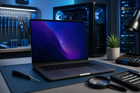 MacBook with spinning loading cursor on purple wallpaper, surrounded by screwdrivers, magnifying glass, and PC tower in blue-lit workshop MacBook with spinning loading cursor on purple wallpaper, surrounded by screwdrivers, magnifying glass, and PC tower in blue-lit workshop