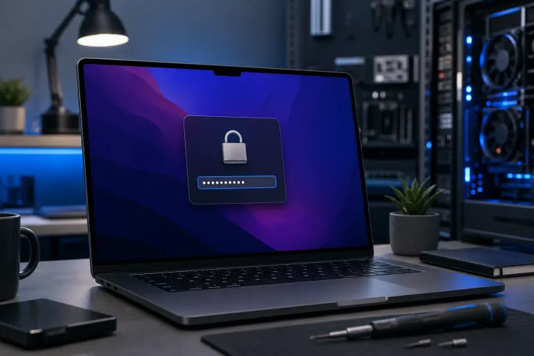 MacBook Pro on desk showing a password lock screen with padlock icon and masked password field, server equipment in background. MacBook Pro on desk showing a password lock screen with padlock icon and masked password field, server equipment in background.