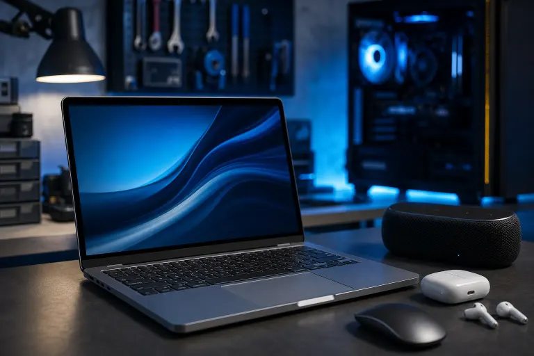 MacBook laptop with blue wallpaper, AirPods, wireless mouse, and smart speaker on a dark desk in a tech workspace MacBook laptop with blue wallpaper, AirPods, wireless mouse, and smart speaker on a dark desk in a tech workspace