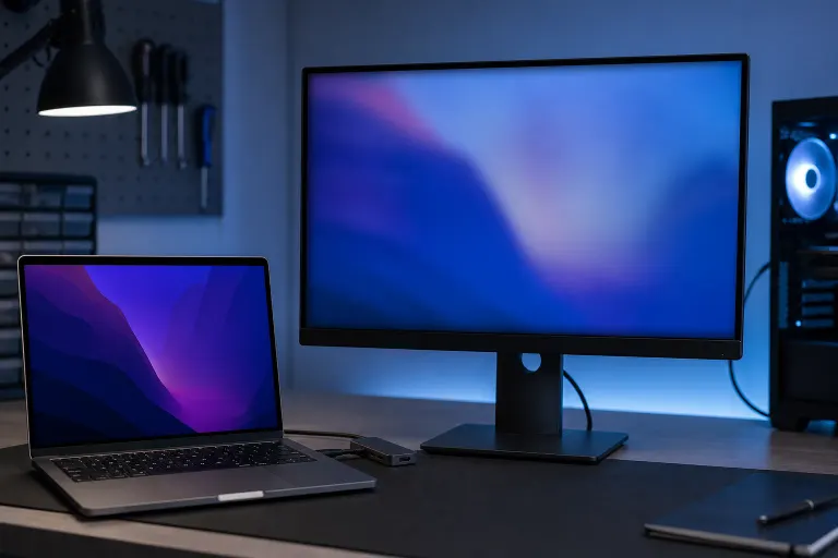 MacBook laptop next to a Dell external monitor on a dark desk, both showing colorful abstract wallpapers, with a PC tower nearby MacBook laptop next to a Dell external monitor on a dark desk, both showing colorful abstract wallpapers, with a PC tower nearby