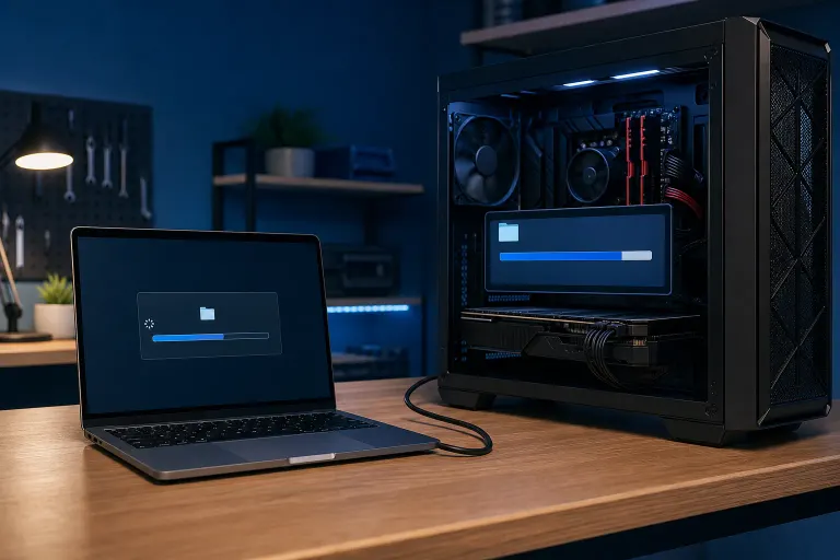 MacBook and open desktop PC on a desk, both showing file transfer progress bars, connected by a cable, in a dim workshop setting. MacBook and open desktop PC on a desk, both showing file transfer progress bars, connected by a cable, in a dim workshop setting.